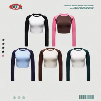  Женская одежда BE | American Street, контрастный реглан Spice Girl с открытым пупком, футболка с тремя полосками и длинным рукавом